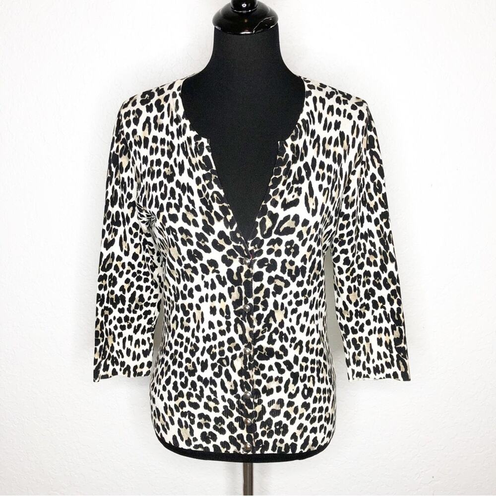 WHBM black cream tan leopard animal print button front cardigan sweater Small